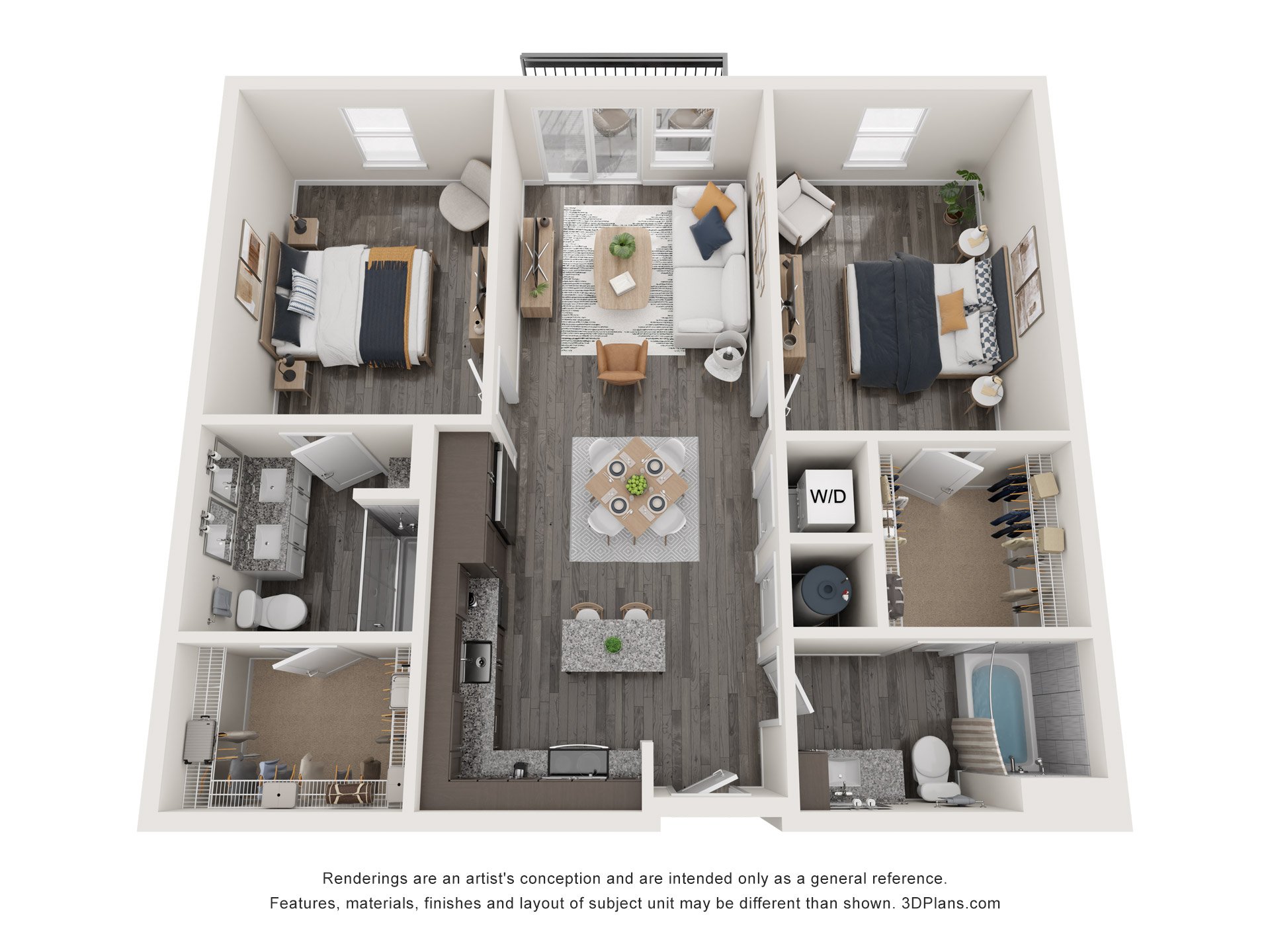 Floor plan for 2 beds, 2 baths, 1036 sqft